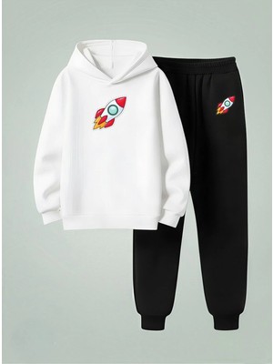 Vodexa Çocuk Üniseks Erkek Kız Kapüşonlu Takım Uzay Gemisi 3 Iplik Şardonlu Sweatshirt-Eşofman Takım