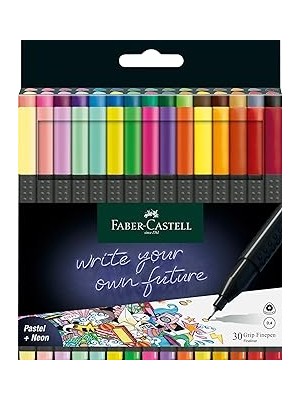 Renas Store Faber-Castell Grip Finepen Ince Keçe Uçlu Kalem Seti, 30’lu, Pastel ve Neon Renkler, 0.4 mm Hassas Uç, Metal Destekli, Ergonomik Üçgen Gövde