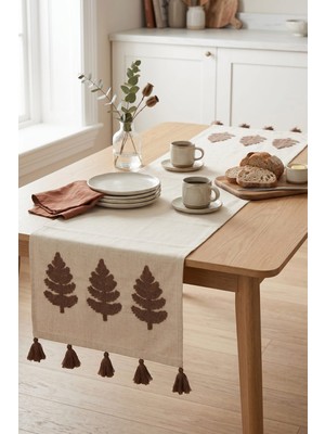 Buldan Natura Üçlü Ağaç Nakışlı Püsküllü Dekoratif Runner 40×130 cm