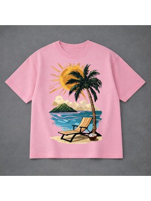 Vodexa Ünisex Oversize T-Shirt Tatil Baskılı %100 Pamuk Tişört Rahat Kalıp