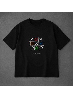 Vodexa Ünisex Oversize T-Shirt Game Over Baskılı %100 Pamuk Tişört Rahat Kalıp
