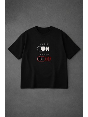 Vodexa Ünisex Oversize T-Shirt On-Off Baskılı %100 Pamuk Tişört Rahat Kalıp
