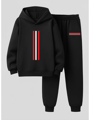 Vodexa Çocuk Erkek Kız Üniseks Kapüşonlu Takım Şerit 3 Iplik Şardonlu Sweatshirt-Eşofman Takım