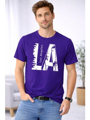 Vodexa Erkek Oversize T-Shirt La Baskılı %100 Pamuk Tişört Rahat Kalıp