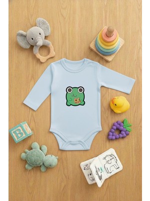 Vodexa Bebek Zıbın Çıtçıtlı Body %100 Pamuk Minik Kurbağa Baskılı