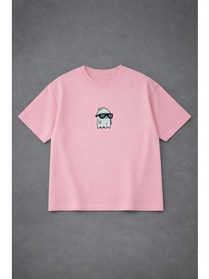 Vodexa Ünisex Oversize T-Shirt Gözlüklü Hayalet Baskılı %100 Pamuk Tişört Rahat Kalıp