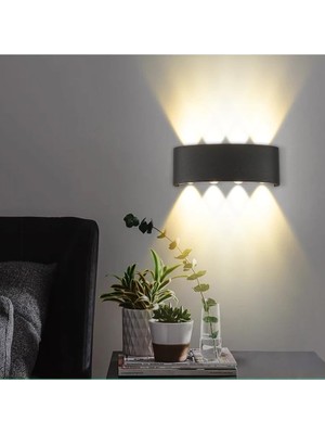 15W Dekoratif Çift Yönlü LED Duvar Apliği - 8 Led’li Modern Tasarım, Cata Kapri Dış ve Iç Mekan Aydınlatma Lambası, (Siyah Kasa) (Amber Renk Işık)