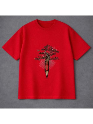Vodexa Ünisex Oversize T-Shirt Kalem Agaç Baskılı %100 Pamuk Tişört Rahat Kalıp