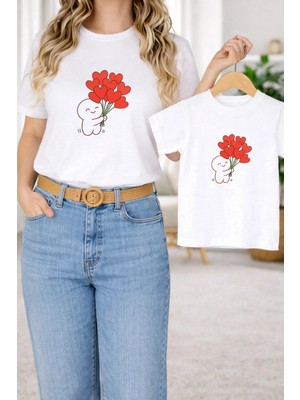 Vodexa Anne Kız Çocuk Kombin Oversize Tişört – Anne Çocuk Twin T-Shirt Kalpli Ayıcık Baskılı