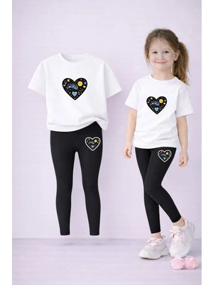 Vodexa Kız Çocuk Takım T-Shirt ve Esnek Tayt Set %100 Pamuk Siyah Kalp Baskı – Rahat Spor Kombin