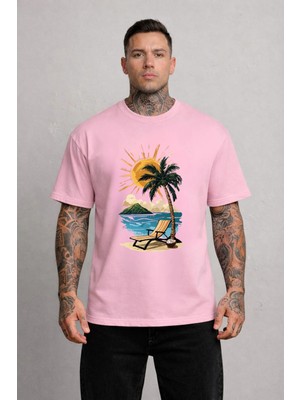 Vodexa Erkek Oversize T-Shirt Palmiya Baskılı %100 Pamuk Tişört Rahat Kalıp