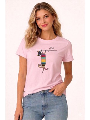 Vodexa Oversize T-Shirt Cambaz Kedi Baskılı %100 Pamuk Tişört Rahat Kalıp