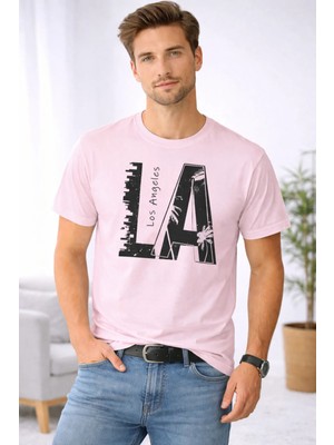 Vodexa Erkek Oversize T-Shirt La Baskılı %100 Pamuk Tişört Rahat Kalıp
