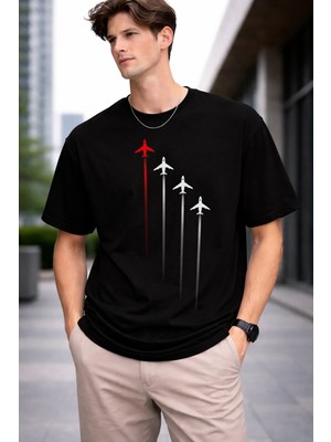 Vodexa Erkek Oversize T-Shirt 4 Uçak Baskılı %100 Pamuk Tişört Rahat Kalıp