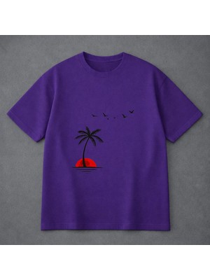 Vodexa Ünisex Oversize T-Shirt Palmiye ve Kuşlar Baskılı %100 Pamuk Tişört Rahat Kalıp