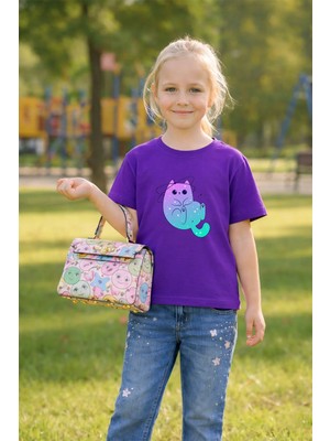 Vodexa Erkek-Kız Mavi Cat Baskılı Çocuk Tişört %100 Pamuk – Unisex Yazlık Çocuk T-Shirt