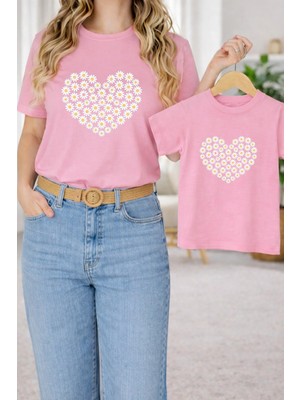 Vodexa Anne Kız Çocuk Kombin Oversize Tişört – Anne & Çocuk Twin T-Shirt Çiçek Kalp Baskılı