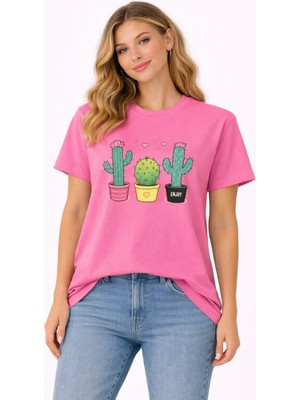 Vodexa Oversize T-Shirt Kaktüs Baskılı %100 Pamuk Tişört Rahat Kalıp