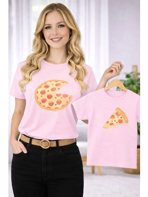 Vodexa Anne Ünisex Çocuk Kombin Oversize Tişört Twin T-Shirt Anne Cocuk Pizza Dilimi Baskılı