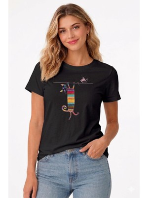 Vodexa Oversize T-Shirt Cambaz Kedi Baskılı %100 Pamuk Tişört Rahat Kalıp