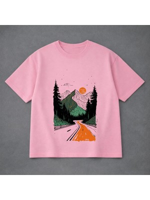 Vodexa Ünisex Oversize T-Shirt Daglar Baskılı %100 Pamuk Tişört Rahat Kalıp
