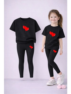 Vodexa Kız Çocuk Takım T-Shirt ve Esnek Tayt Set %100 Pamuk Kalpli Balon Baskı – Rahat Spor Kombin