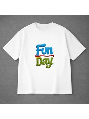 Vodexa Ünisex Oversize T-Shirt Fun Day Baskılı %100 Pamuk Tişört Rahat Kalıp