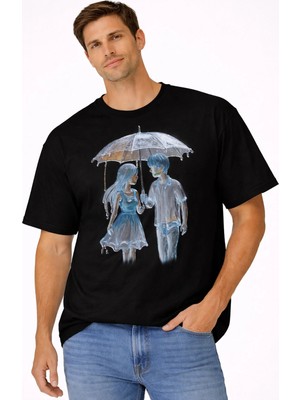 Vodexa Ünisex Oversize T-Shirt Şemsiye Baskılı %100 Pamuk Tişört Rahat Kalıp