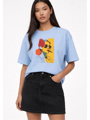 Vodexa Kadın Oversize T-Shirt Renkli Çizim Baskılı %100 Pamuk Tişört Rahat Kalıp