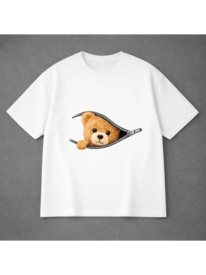 Vodexa Ünisex Oversize T-Shirt Ayıcıkk Baskılı %100 Pamuk Tişört Rahat Kalıp