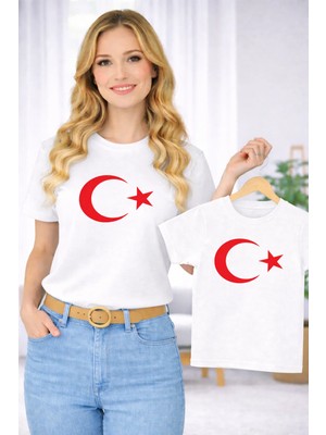 Vodexa Anne Ünisex Çocuk Kombin Oversize Tişört Twin T-Shirt Anne Cocuk Türk Bayrak Baskılı