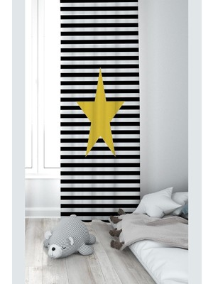 Pelangi Sarı Yıldız Desenli Dijital Baskı Yıkanabilir Bebek Çocuk Odası Fon Perdesi, Siyah-Sarı 140 x 240