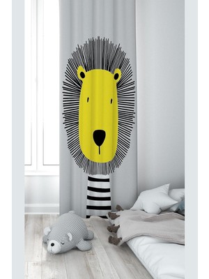 Pelangi Gri Aslan Desenli Dijital Baskı Yıkanabilir Bebek Çocuk Odası Fon Perdesi, Gri-Sarı 140 x 270