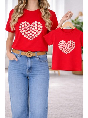 Vodexa Anne Kız Çocuk Kombin Oversize Tişört – Anne & Çocuk Twin T-Shirt Çiçek Kalp Baskılı