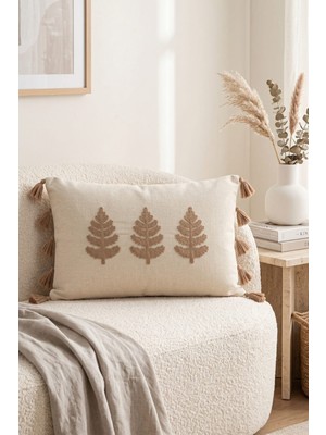 Buldan Natura Üçlü Yaprak Nakışlı Püsküllü Dekoratif Dikdörtgen Kırlent Kılıfı 35×55 cm