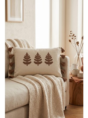 Buldan Natura Üçlü Yaprak Nakışlı Püsküllü Dekoratif Dikdörtgen Kırlent Kılıfı 35×55 cm