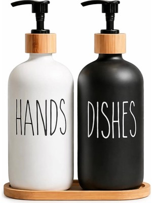 2’li Hands Dishes Siyah Beyaz Cam Sıvı Sabunluk Seti 500 Ml, Bambu Standlı Dekoratif Mutfak & Banyo Sabunluk Dispenser Seti Şık Modern Tasarım
