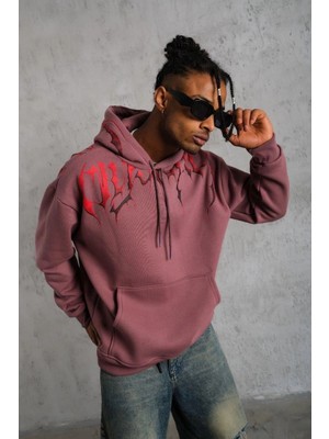 Tarz Yeri Erkek 3 Iplik Pamuklu Baskılı Kapüşonlu Cepli Sweatshirt Hoodie - Gül Kurusu