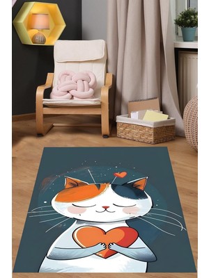 Pelangi Love Temalı Sevimli Kedicik Yıkanabilir Kaymaz Taban Leke Tutmaz Çocuk Odası Halısı, Lacivert-Turuncu 120 x 160
