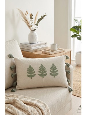 Buldan Natura Üçlü Yaprak Nakışlı Püsküllü Dekoratif Dikdörtgen Kırlent Kılıfı 35×55 cm