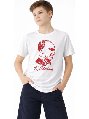Tarz Yeri Erkek Çocuk Atatürk Baskılı Tişört Kısa Kollu Bisiklet Yaka T-Shirt - Beyaz