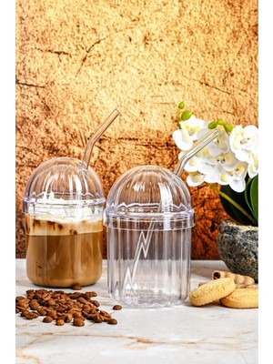 Moontime Alaçatı 2'li Soğuk Kahve Bardağı Kubbe Model Pipetli 430ML Mika Plastik Kahve Sunum Bardağı
