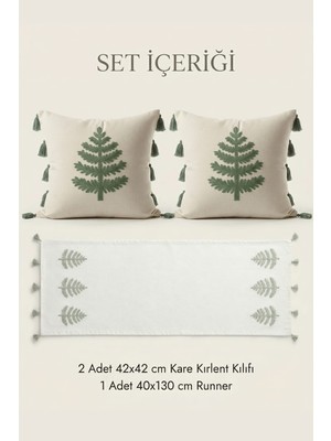 Buldan Natura Ağaç Nakışlı Püsküllü 3’lü Set – 2 Adet 42×42 cm Kırlent Kılıfı + 40×130 cm Runner