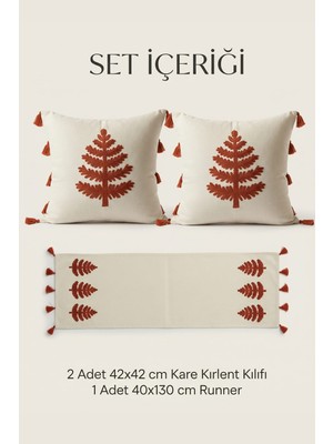 Buldan Natura Ağaç Nakışlı Püsküllü 3’lü Set – 2 Adet 42×42 cm Kırlent Kılıfı + 40×130 cm Runner