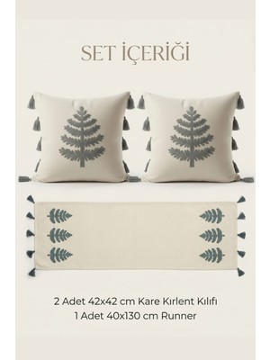 Buldan Natura Ağaç Nakışlı Püsküllü 3’lü Set – 2 Adet 42×42 cm Kırlent Kılıfı + 40×130 cm Runner