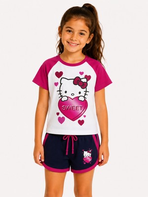 Vaxy Style Hello Kitty Baskılı Kız Çocuk Tişört Şort Takımı Yazlık Kısa Kollu Çocuk Takımı