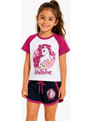 Vaxy Style Unicorn Baskılı Kız Çocuk Tişört Şort Takımı Yazlık Kısa Kollu Tek Boynuzlu At Çocuk Takımı