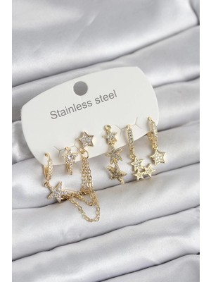 Techora Sale 316L Çelik Gold Renk 6'lı Set Zincirli Yıldız Modelli Kadın Küpe