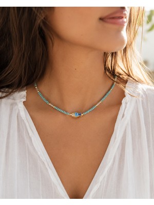 Aqua Balık Turkuaz Boncuklu Mavi Balık Figürlü Altın Renk Ara Boncuklu Kadın Choker Kolye