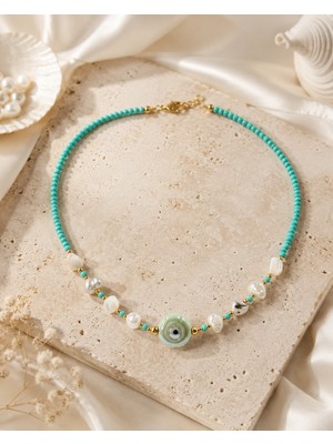 Aqua Nazar Turkuaz Boncuklu Nazar Detaylı Inci Görünümlü Choker Kadın Kolye
